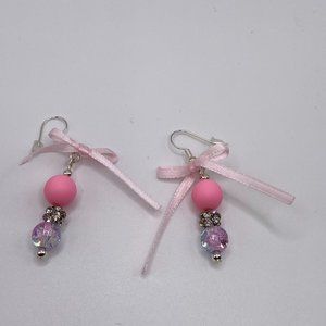 Children's Bling Thin Ribbon Earrings (Pink)